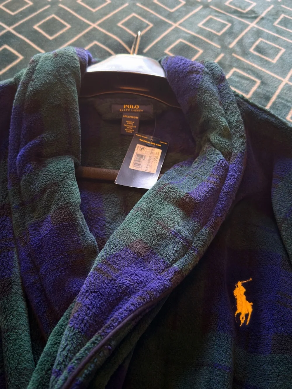 Polo by Ralph Lauren Dark Green & Navy Plaid Fleece Bath Robe with Yellow Pony